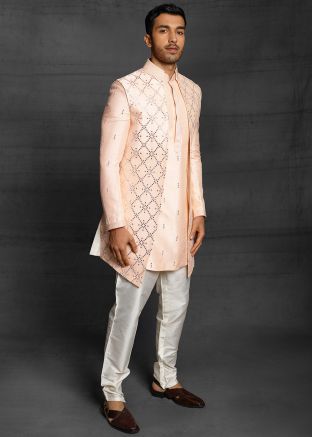 Readymade Peach Embroidered Sherwani Set
