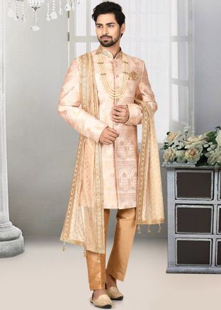 Pink Readymade Woven Sherwani Set