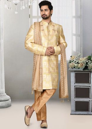 Readymade Golden Woven Sherwani Set In Jacquard