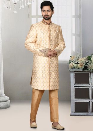 Cream Zari Woven Jacquard Sherwani Set