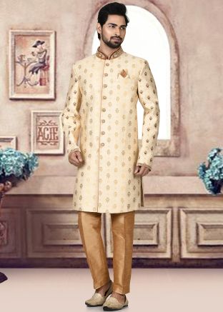Golden Zari Woven Sherwani With Trouser