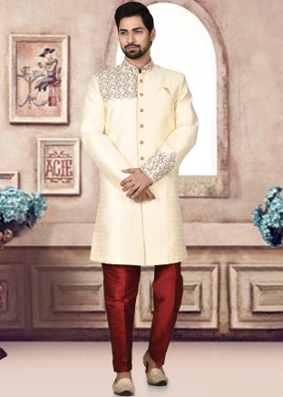 Yellow Readymade Woven Sherwani Set