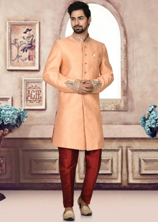 Readymade Orange Sherwani Set In Woven Designs
