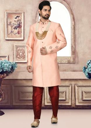 Pink Zari Woven Sherwani Set In Jacquard