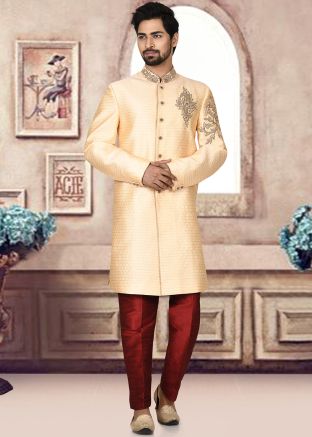 Golden Woven Jacquard Sherwani With Trouser