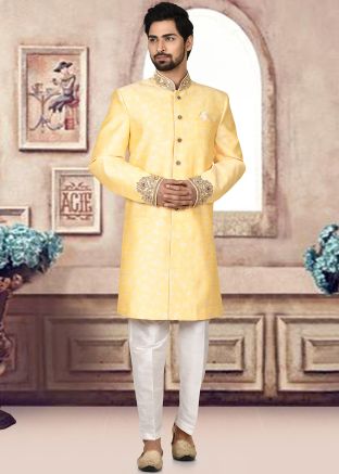 Yellow Readymade Zari Woven Sherwani Set