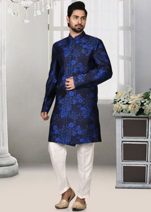 Readymade Navy Blue Woven Sherwani Set
