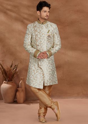 Green Woven Readymade Sherwani Set In Asymmetric Style