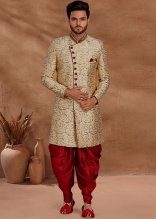Readymade Beige Jacquard Sherwani With Woven Work