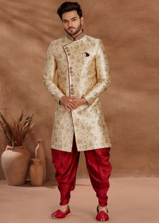 Readymade Dhoti With Beige Woven Sherwani