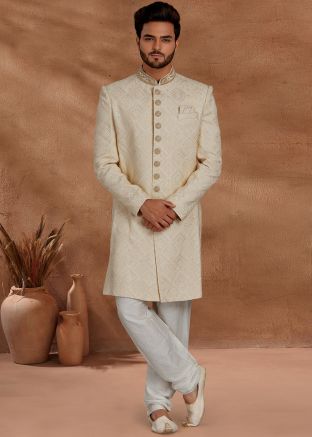 Cream Readymade Sequined Sherwani With Pajama