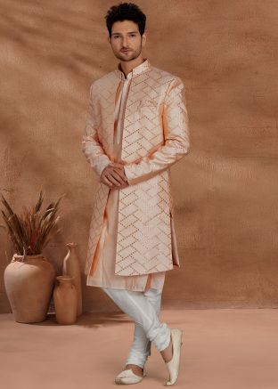 Mirror Embellished Peach Silk Sherwani With Churidar