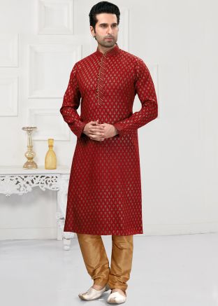 Readymade Printed Maroon Cotton Kurta Pajama
