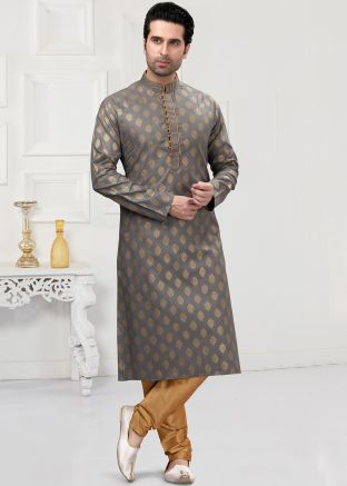 Grey Readymade Cotton Printed Kurta Pyjama