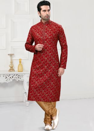 Red Readymade Mens Printed Kurta Churidaar Set