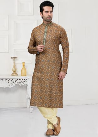 Brown Printed Readymade Mens Kurta Pajama