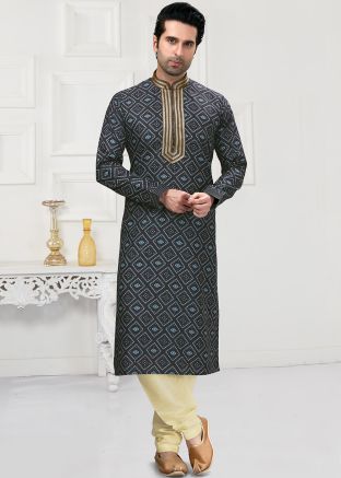 Dark Blue Readymade Mens Printed Kurta Pyjama