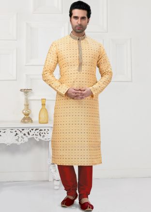 Peach Printed Readymade Kurta Pajama In Cotton