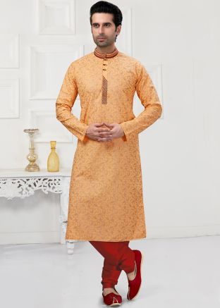Orange Mens Readymade Festive Kurta Pyjama