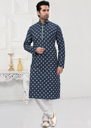 Readymade Blue Printed Kurta Pyjama In Cotton