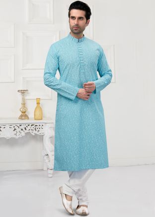 Readymade Blue Floral Printed Mens Kurta Pajama