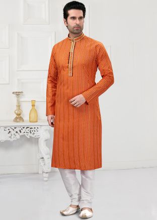 Orange Printed Readymade Cotton Kurta Pajama