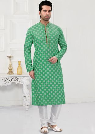Green Readymade Mens Kurta Churidaar In Cotton