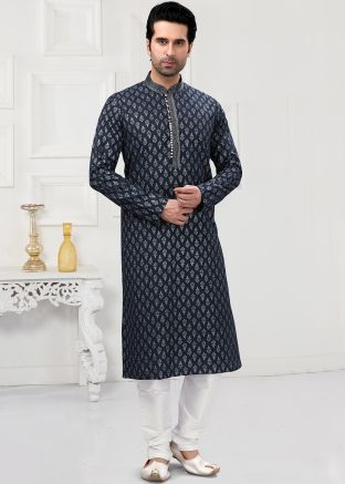 Dark Blue Readymade Mens Kurta Churidaar In Cotton