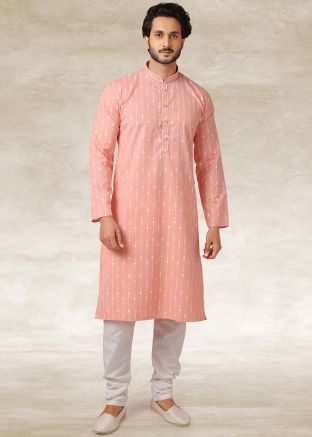 Pink Cotton Printed Kurta With Churidar