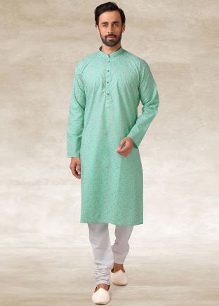Readymade Green Kurta Pajama In Printed Design