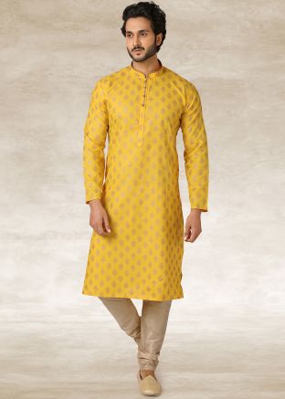 Readymade Printed Kurta With Churidar In Yellow