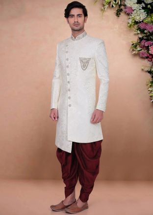 White Woven Readymade Sherwani In Brocade