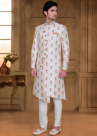 White Readymade Hand Work Sherwani In Silk