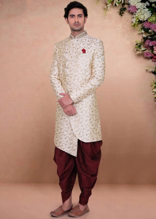 Cream Readymade Silk Sherwani With Dhoti