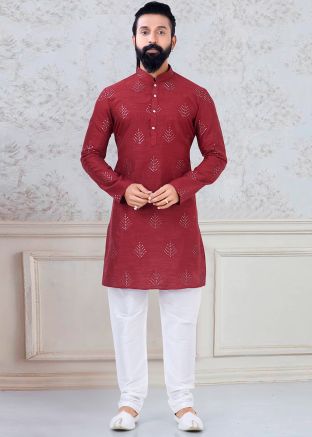 Readymade Red Embellished Silk Kurta Pajama