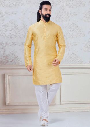 Readymade Yellow Embroidered Kurta With Churidar