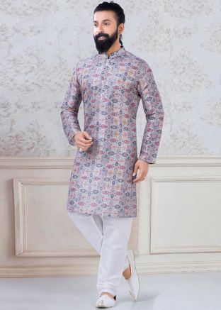 Readymade Grey Printed Kurta Pajama