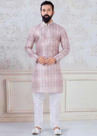 Pink Readymade Printed Silk Kurta Pajama