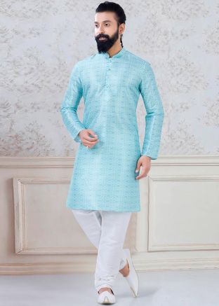 Readymade Blue Kurta Pajama In Printed Design