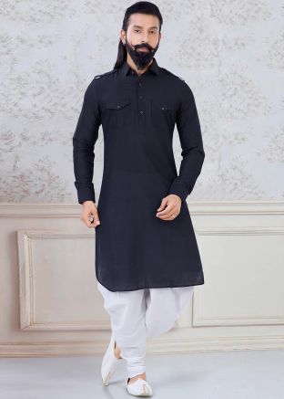 Black Readymade Cotton Dhoti With Kurta