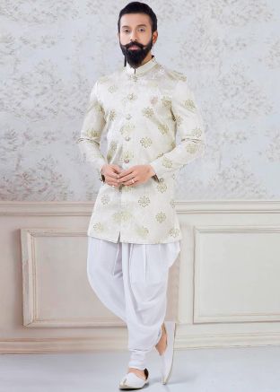 Green Woven Indo Western Sherwani With Dhoti