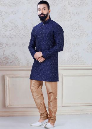 Navy Blue Zari Embroidered Kurta With Churidar