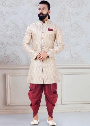 Readymade Golden Woven Sherwani With Dhoti