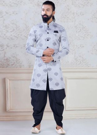 Readymade Grey Woven Sherwani With Dhoti