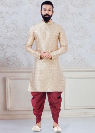 Golden Woven Jacquard Kurta With Dhoti