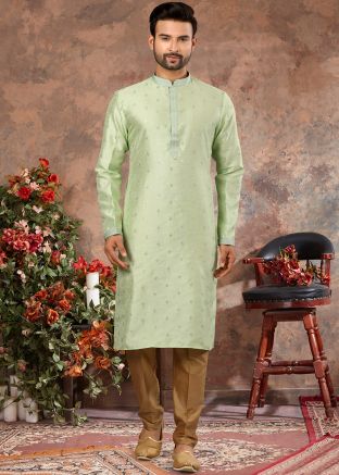 Green Embroidered Mens Kurta With Churidar