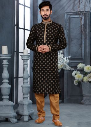 Black Digital Printed Kurta With Churidar In Silk