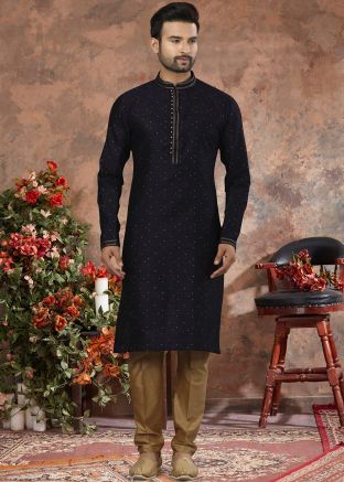 Navy Blue Embroidered Kurta With Churidar