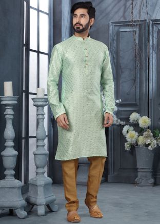 Green Zari Woven Mens Kurta Pajama
