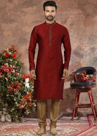 Maroon Zari Woven Mens Kurta Pajama
